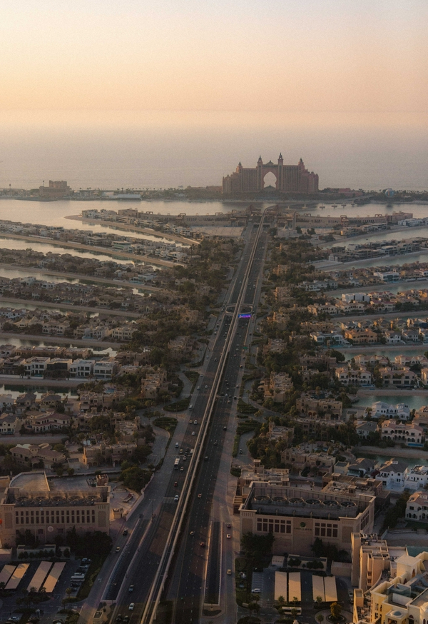 Luxurious view of Dubai skyline from The View at The Palm