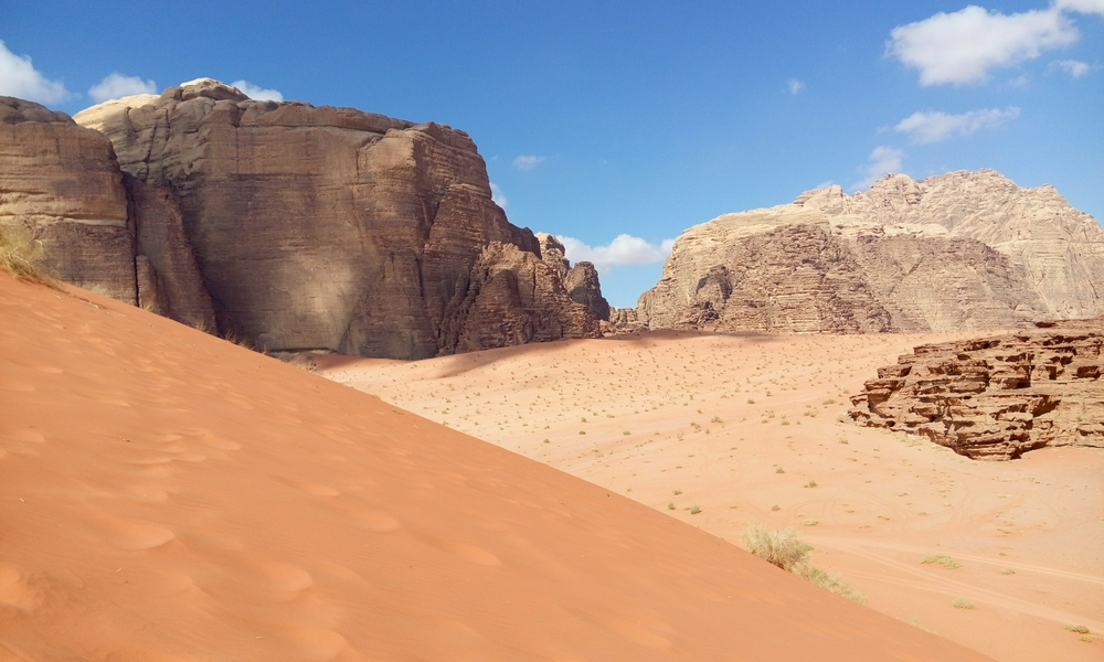 Breathtaking desert landscape of Wadi Rum with rock formations and a clear sky.