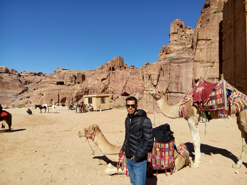 Vast desert landscape with camels and impressive rock formations under sunny skies.