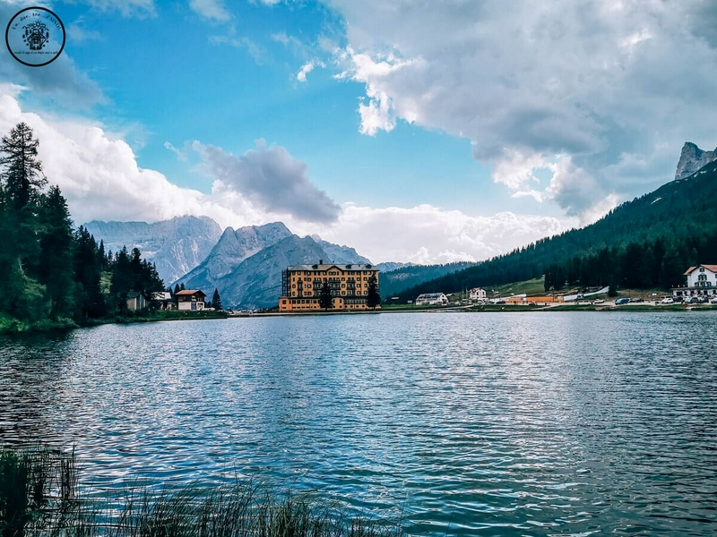 Lago di Misurina, the largest natural lake in the Dolomites, surrounded by majestic mountains.