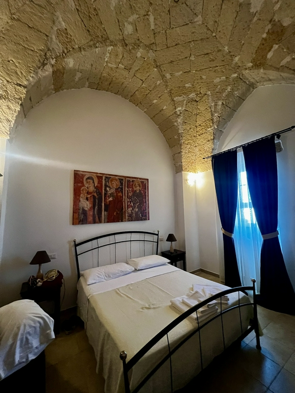 Cozy bedroom featuring an arched ceiling, stylish curtains, and a comfortable bed.