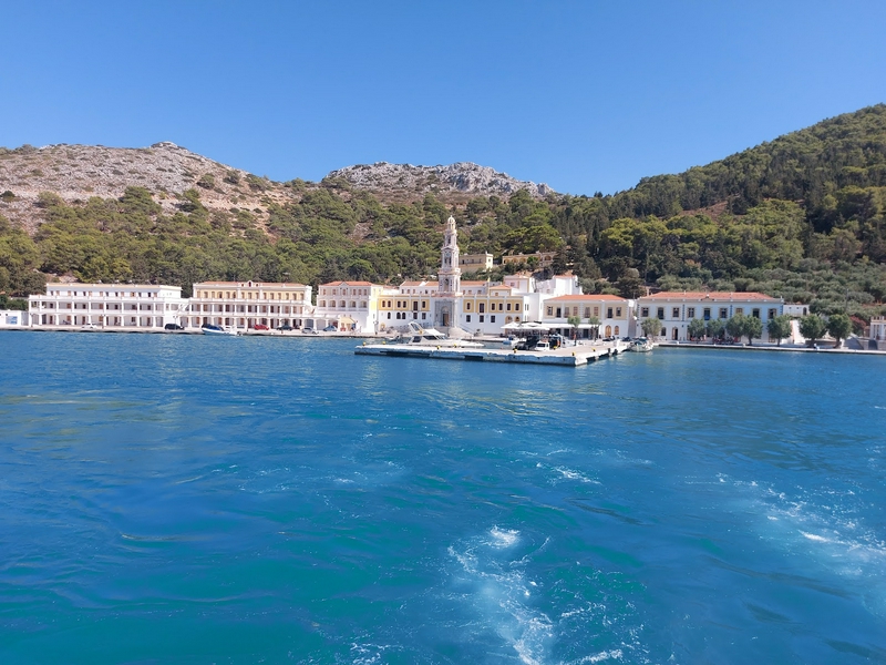 Holy Monastery of the Taxiarch Michael Panormitis with water and mountains