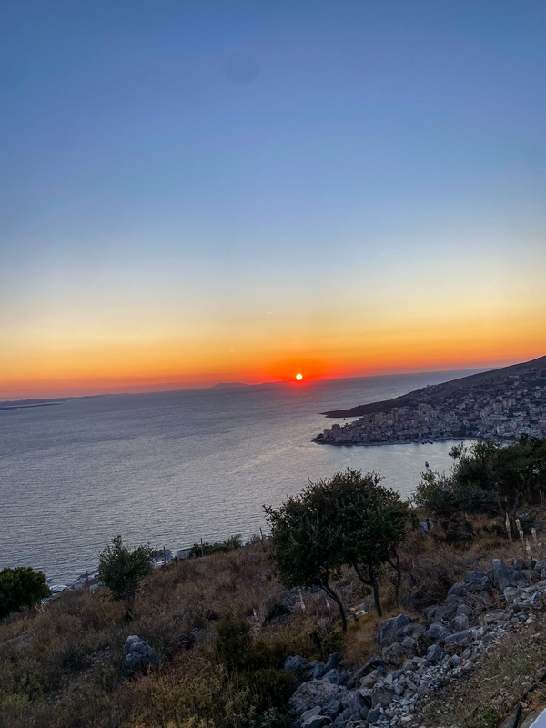 Lëkurësit Castle in Sarandë with panoramic sunset views.