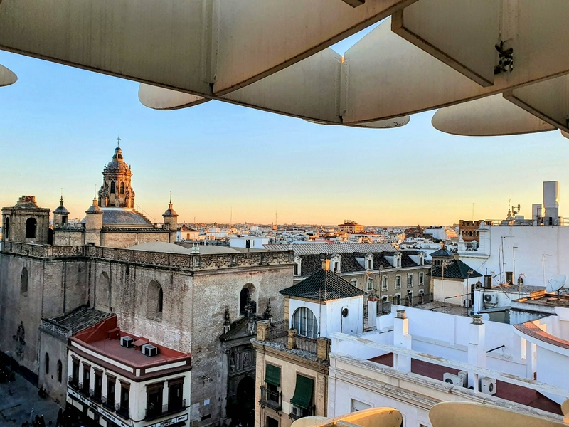 Panoramic sunset view from Metropol Parasol in Seville, Spain.